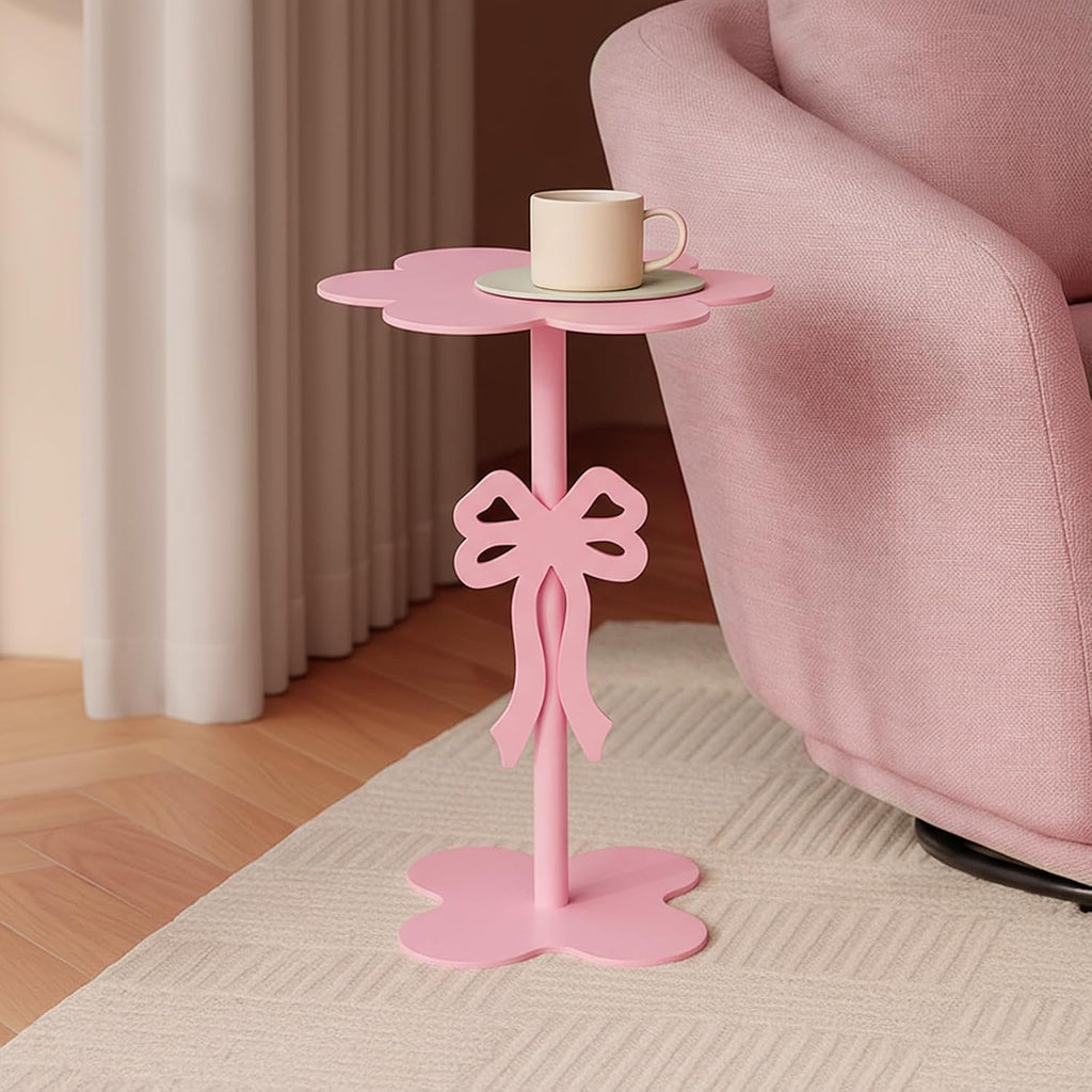 Pink Bow Side Table Small Wood End Table Coffee Coquettish Room Decor Pink Bedside Cocktail Drink Stand for Small Spaces Nightstand Bedroom Couch Chair