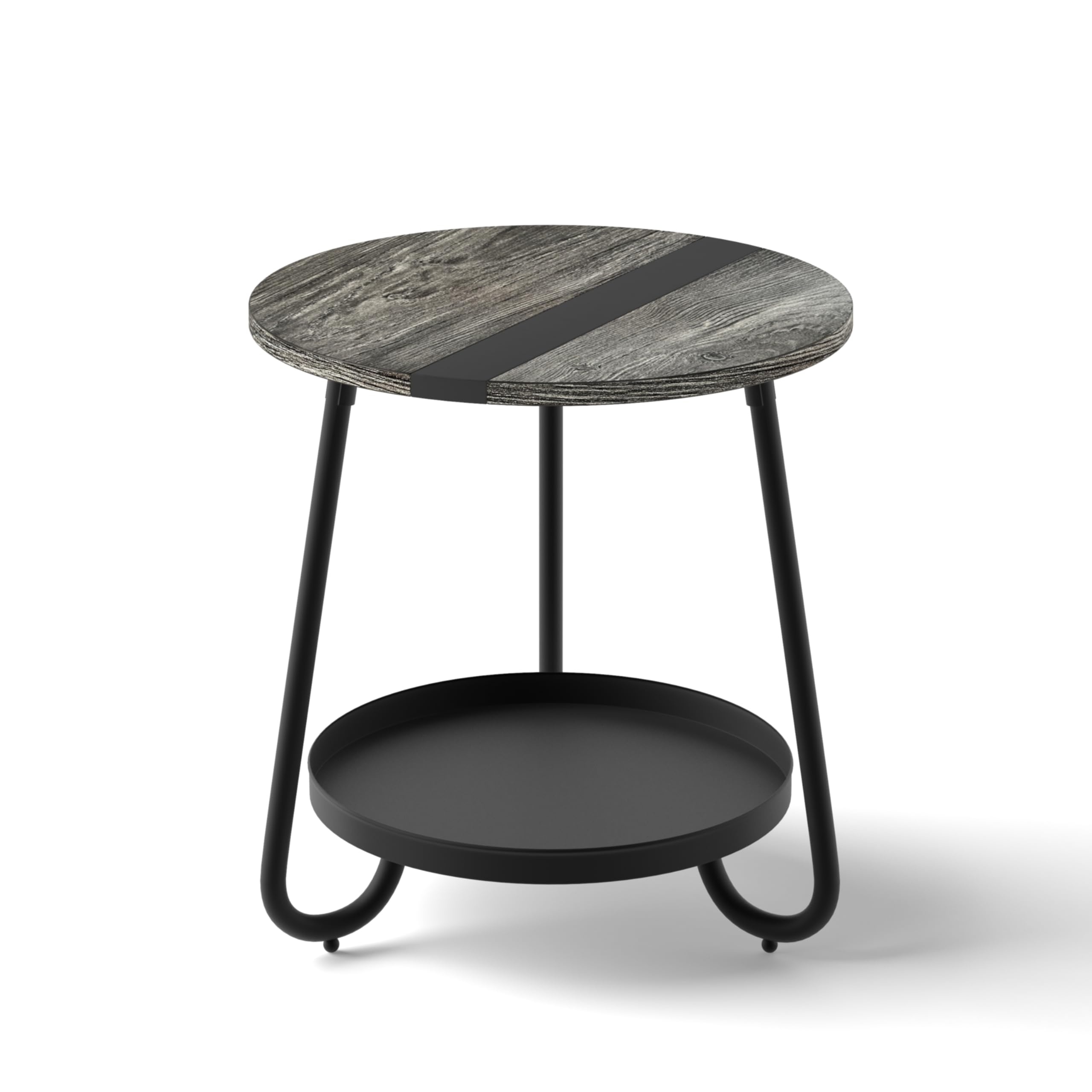 2 Tier Coffee Table in Living Room, Industrial Style Round Coffee Table with Metal Tray, Wood Small Outdoor Coffee Table for Bedroom Balcony Patio, Rustic Brown