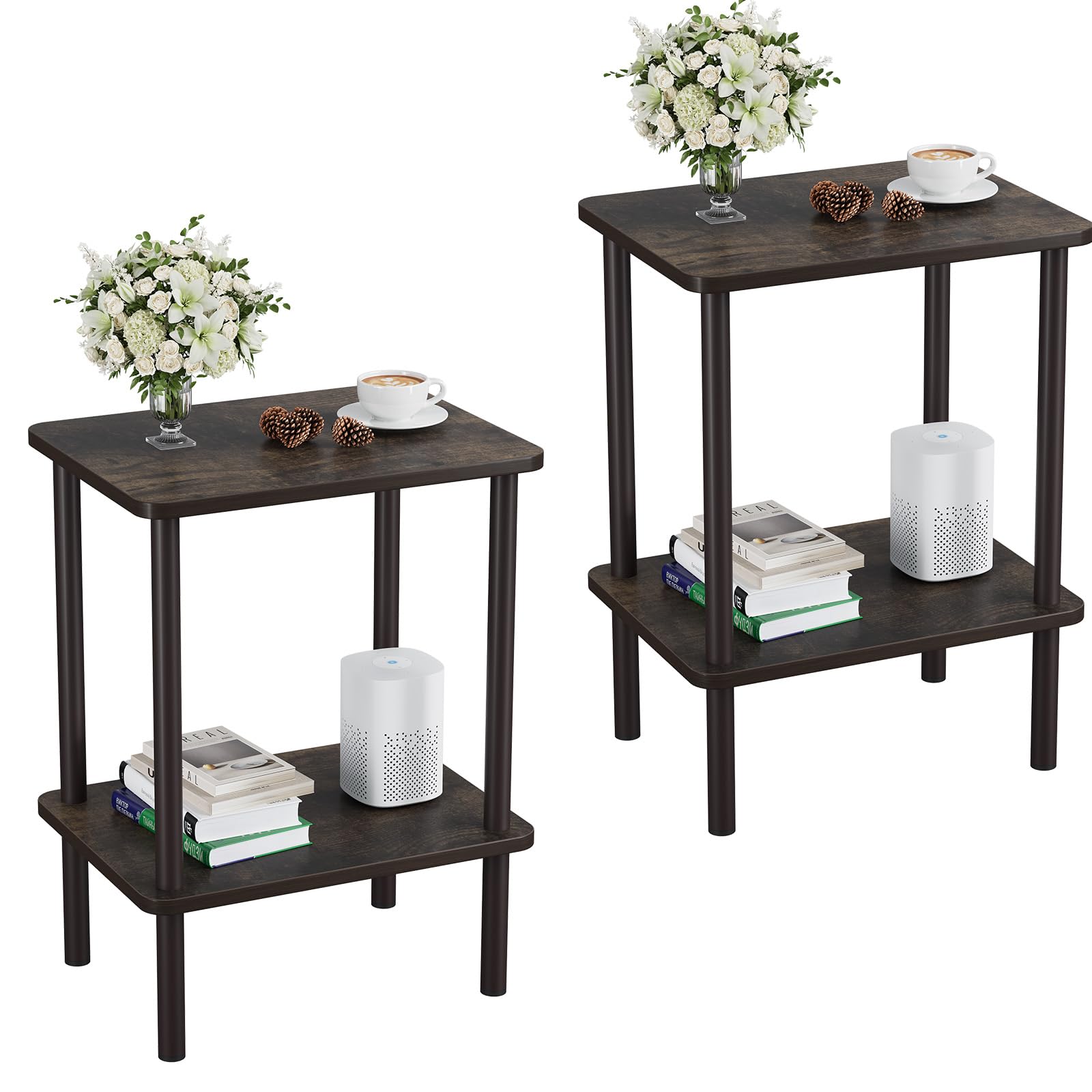 Apicizon 2 Tier End Table, Small Side Table with Solid Wood Legs, Boho Bedside Table with Storage Shelf, Nightstand for Small Spaces, Bedroom, Living Room, Entryway, Farmhouse, Easy Assembly, Natural
