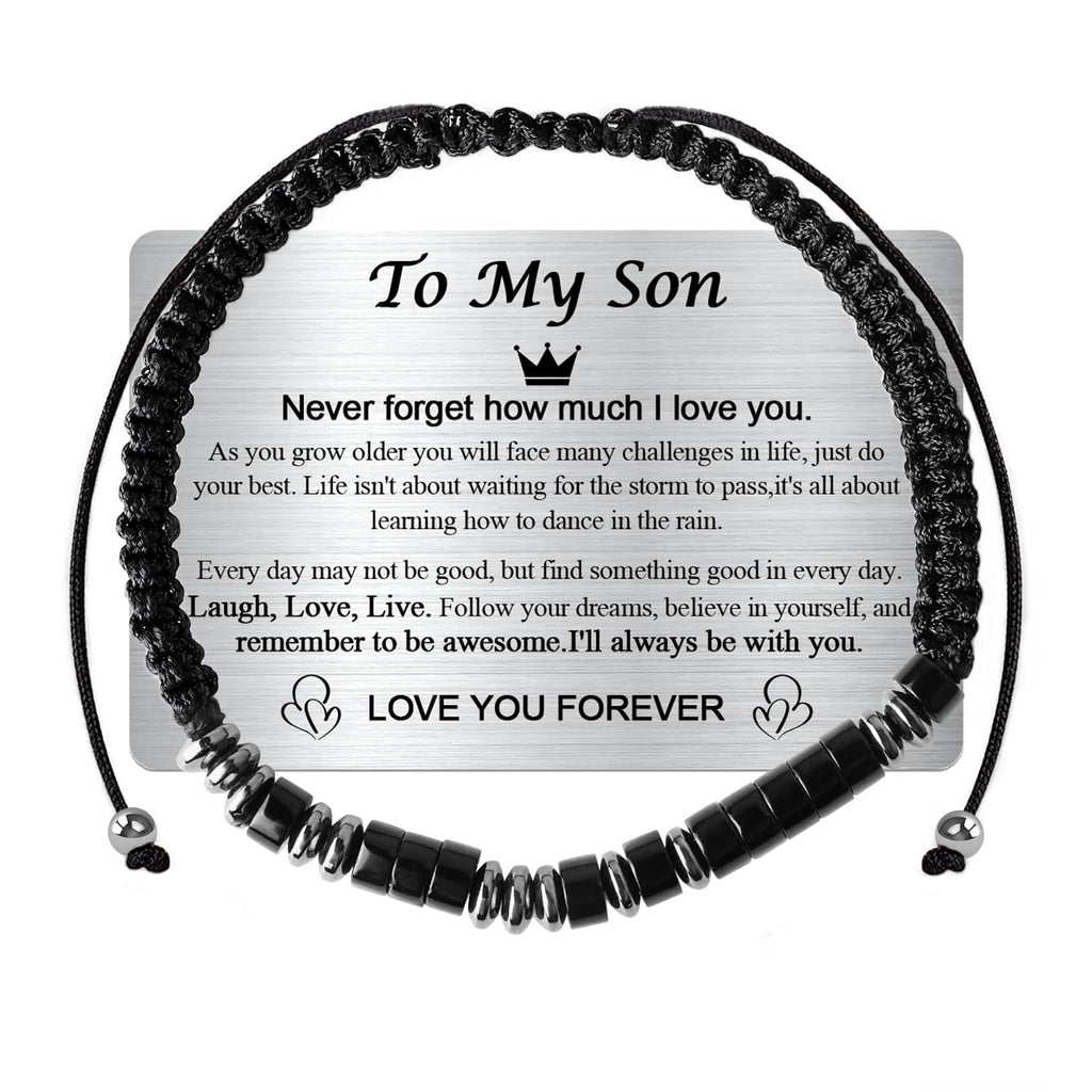 VOHIVI To My Son Bracelet from Mom,Morse Code Bracelets with Engraved Wallet Card,Adjustable Handmade Mens Beaded Bracelets easter basket stuffers