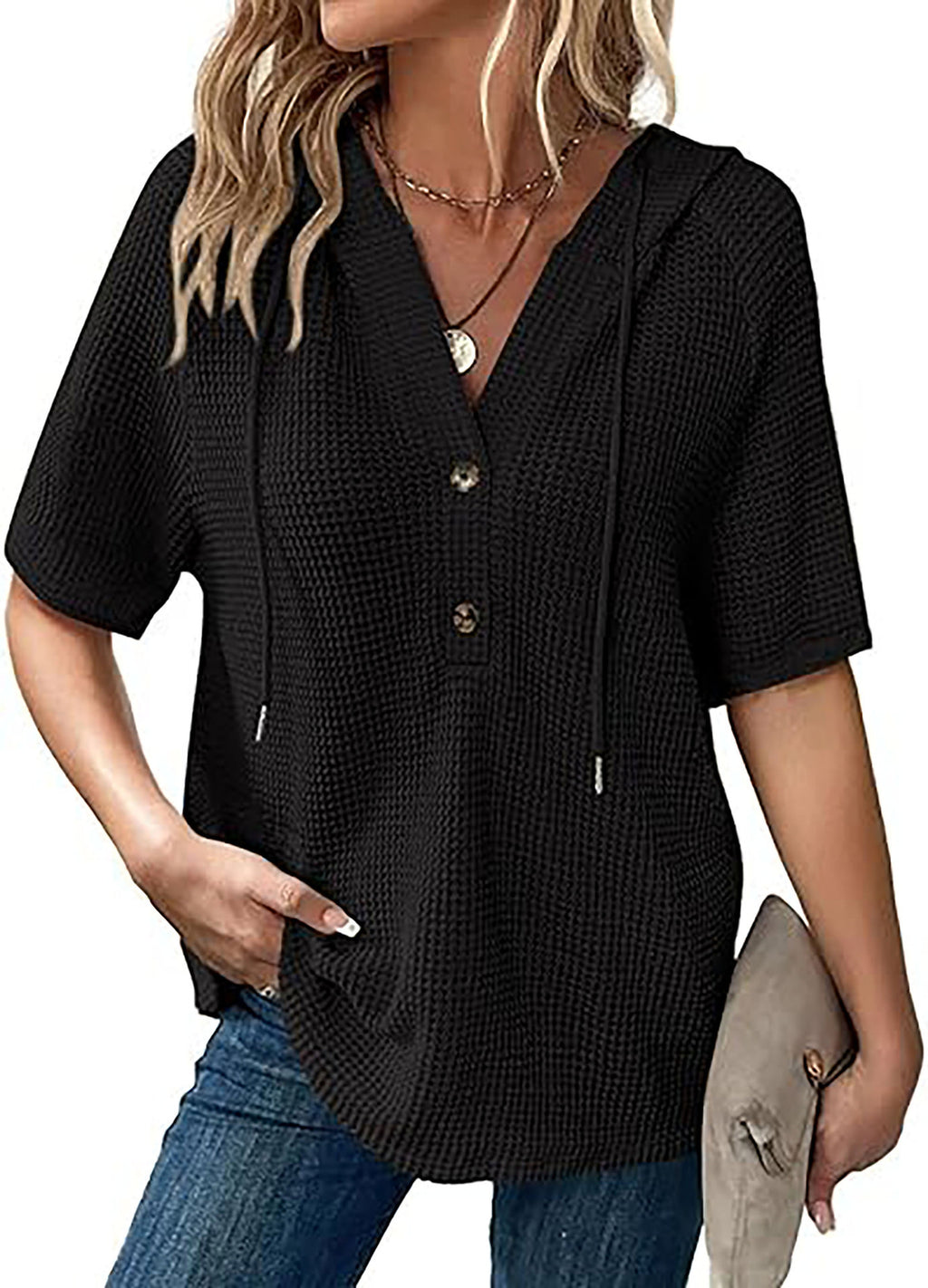 T-shirt à manches courtes en tricot gaufré d'été pour femmes
