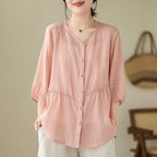 Artistic New Cotton And Linen Retro Crew Neck Top