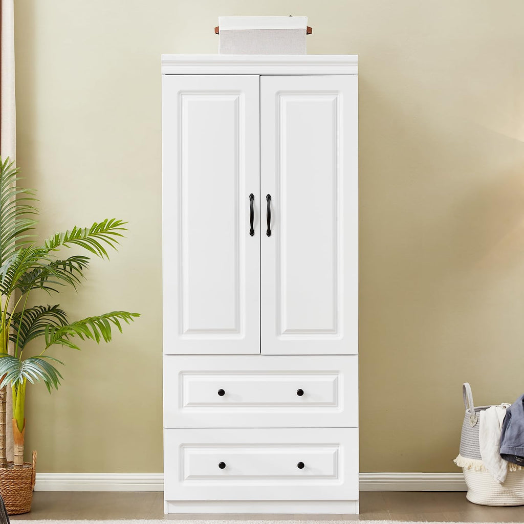 74" H 4 Doors 2Drawers White Bedroom Wardrobe Armoire Closet, Freestanding Bathroom Armoire Cabinet with Hanging Rod Shleves, Large Wooden Bedroom Clothes Storage Organizer - Grand Goldman