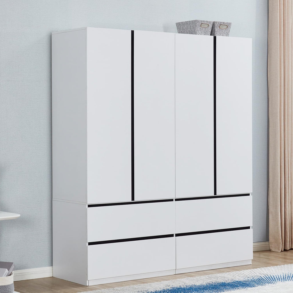 74" H 4 Doors 2Drawers White Bedroom Wardrobe Armoire Closet, Freestanding Bathroom Armoire Cabinet with Hanging Rod Shleves, Large Wooden Bedroom Clothes Storage Organizer - Grand Goldman