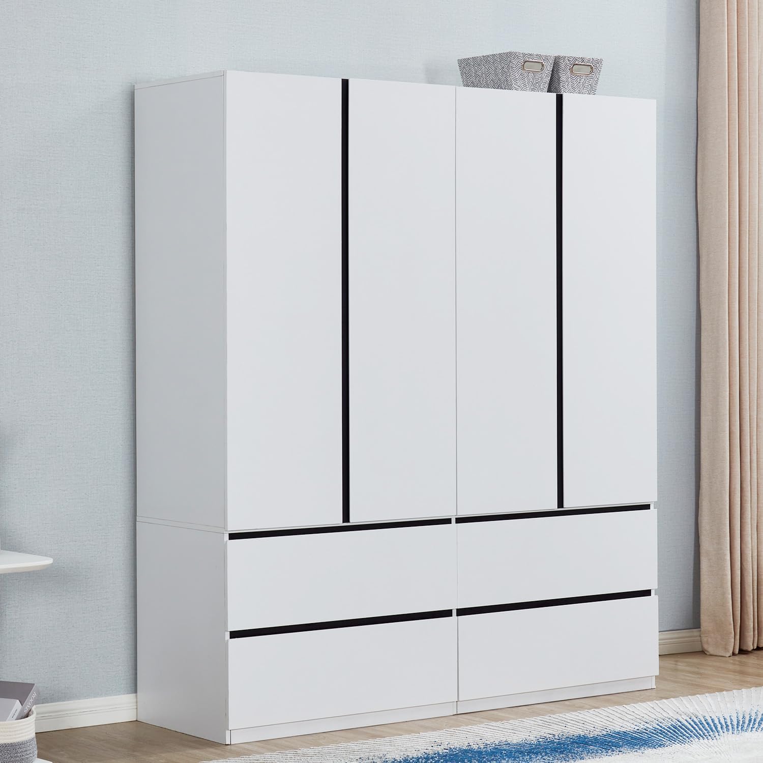 74" H 4 Doors 2Drawers White Bedroom Wardrobe Armoire Closet, Freestanding Bathroom Armoire Cabinet with Hanging Rod Shleves, Large Wooden Bedroom Clothes Storage Organizer - Grand Goldman