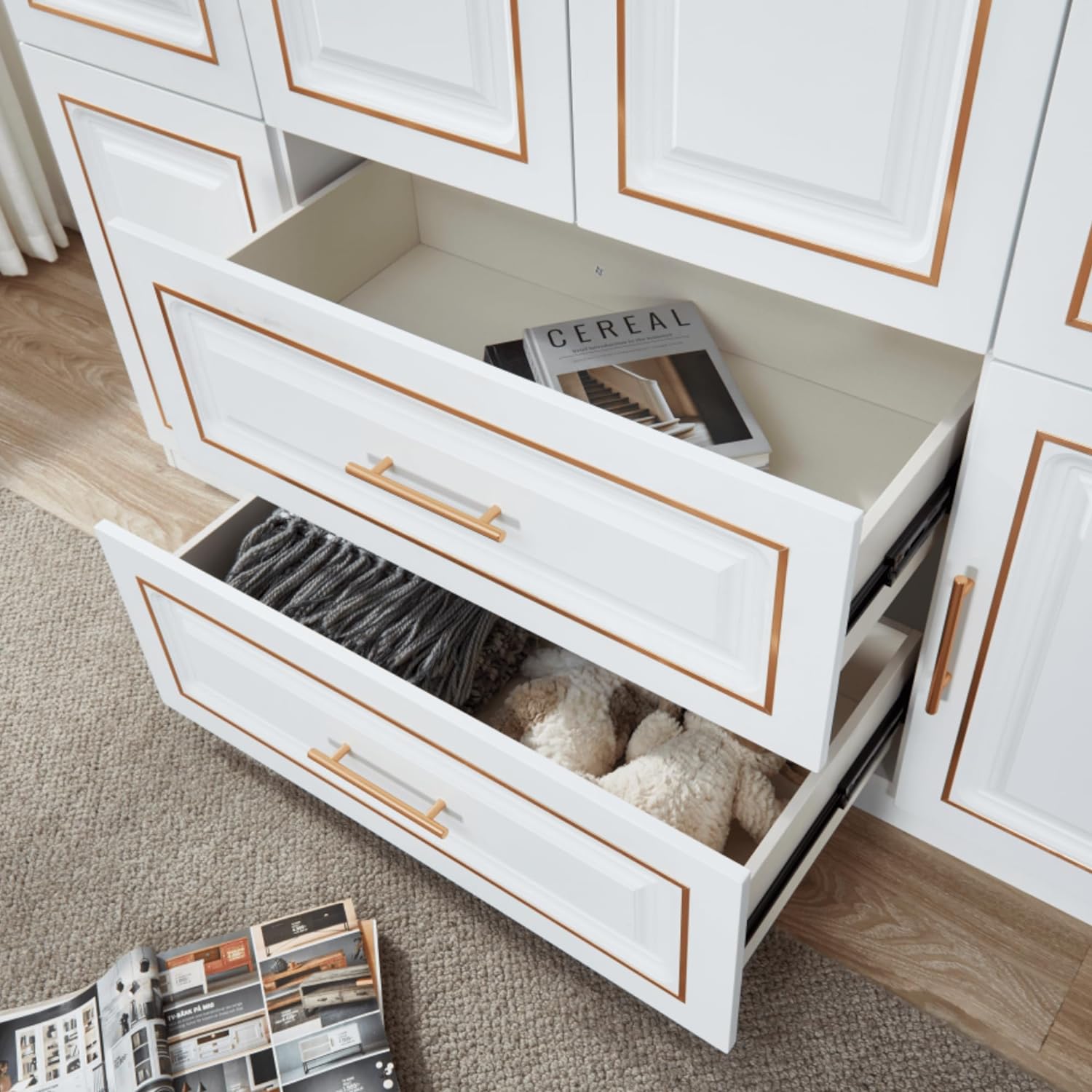 74" H 4 Doors 2Drawers White Bedroom Wardrobe Armoire Closet, Freestanding Bathroom Armoire Cabinet with Hanging Rod Shleves, Large Wooden Bedroom Clothes Storage Organizer - Grand Goldman