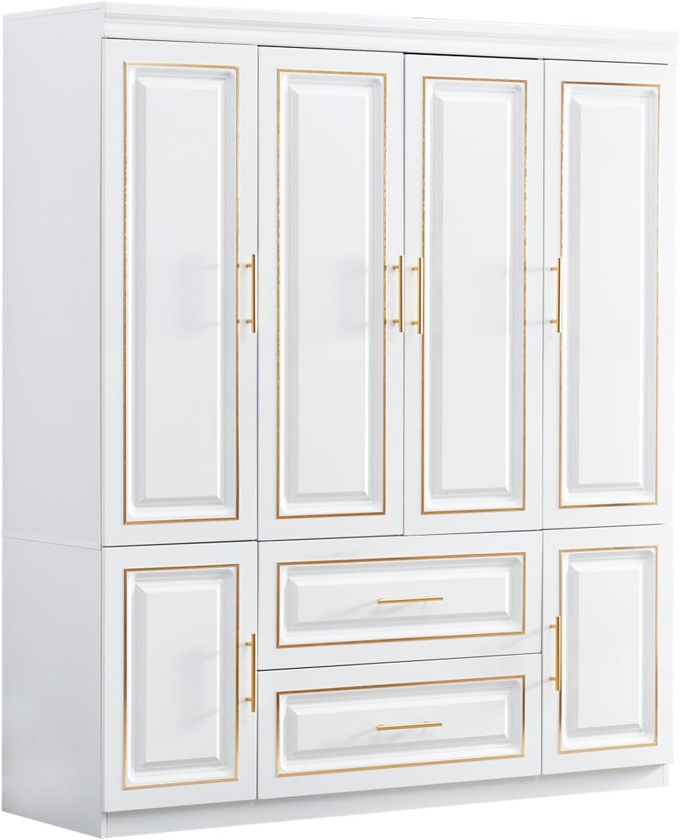 74" H 4 Doors 2Drawers White Bedroom Wardrobe Armoire Closet, Freestanding Bathroom Armoire Cabinet with Hanging Rod Shleves, Large Wooden Bedroom Clothes Storage Organizer - Grand Goldman