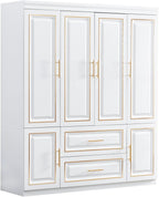 74" H 4 Doors 2Drawers White Bedroom Wardrobe Armoire Closet, Freestanding Bathroom Armoire Cabinet with Hanging Rod Shleves, Large Wooden Bedroom Clothes Storage Organizer - Grand Goldman