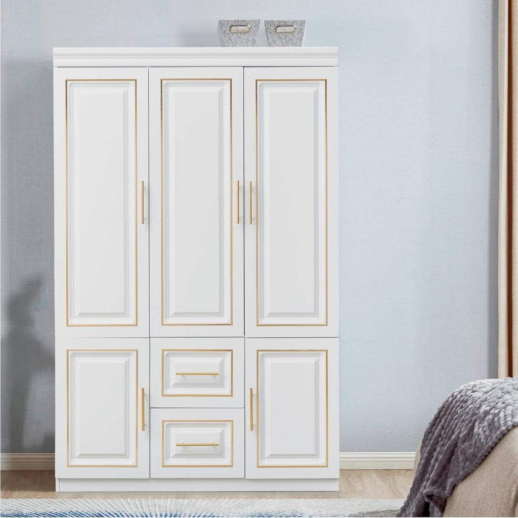74" H 4 Doors 2Drawers White Bedroom Wardrobe Armoire Closet, Freestanding Bathroom Armoire Cabinet with Hanging Rod Shleves, Large Wooden Bedroom Clothes Storage Organizer - Grand Goldman