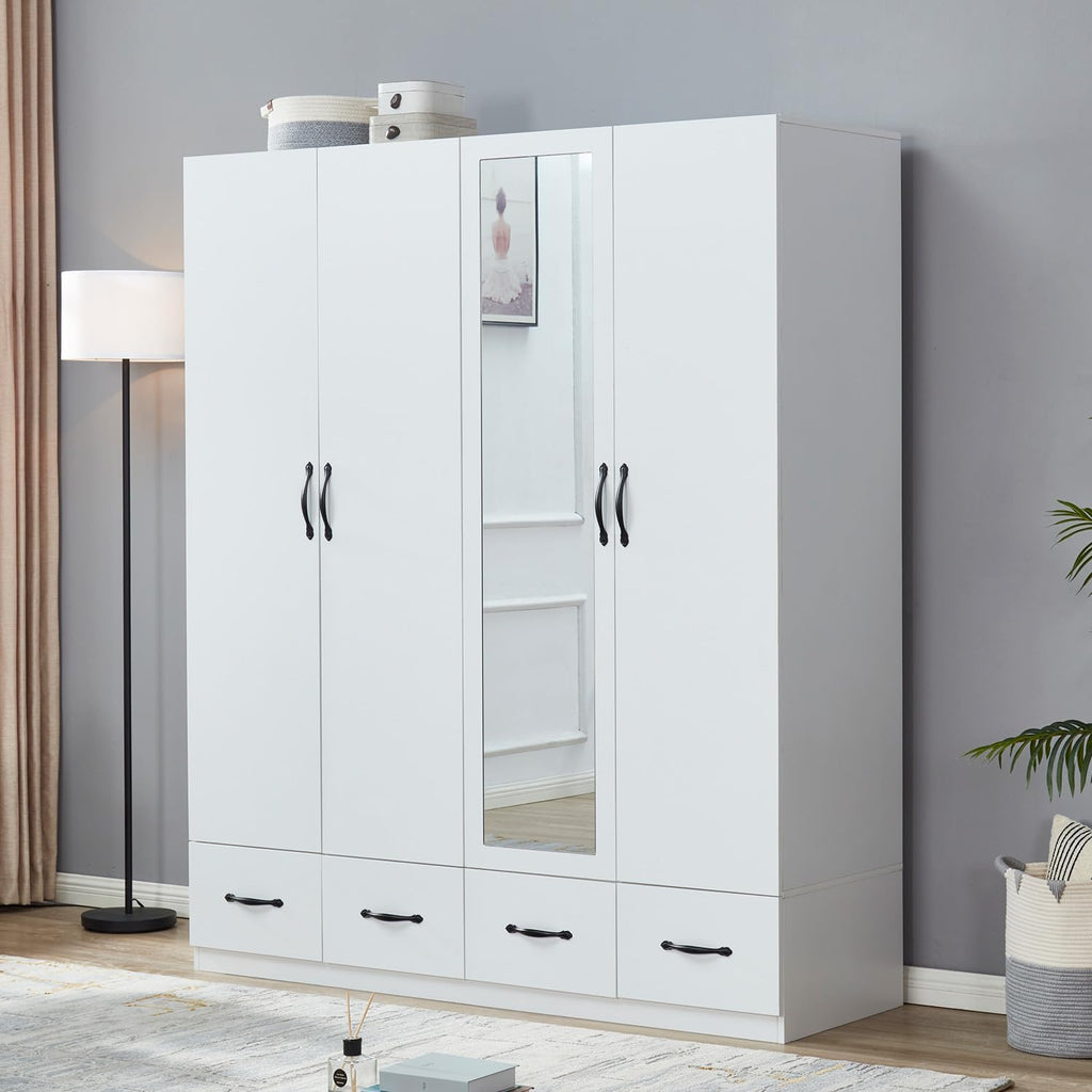 74" H 4 Doors 2Drawers White Bedroom Wardrobe Armoire Closet, Freestanding Bathroom Armoire Cabinet with Hanging Rod Shleves, Large Wooden Bedroom Clothes Storage Organizer - Grand Goldman