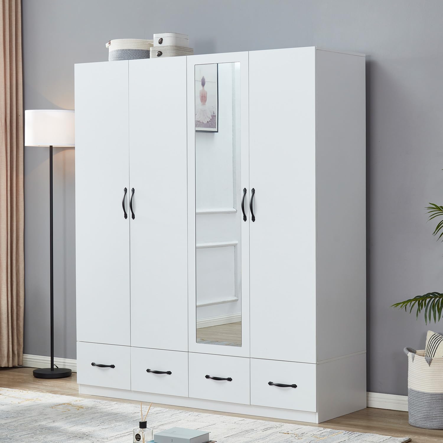74" H 4 Doors 2Drawers White Bedroom Wardrobe Armoire Closet, Freestanding Bathroom Armoire Cabinet with Hanging Rod Shleves, Large Wooden Bedroom Clothes Storage Organizer - Grand Goldman