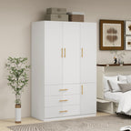 74" H 4 Doors 2Drawers White Bedroom Wardrobe Armoire Closet, Freestanding Bathroom Armoire Cabinet with Hanging Rod Shleves, Large Wooden Bedroom Clothes Storage Organizer - Grand Goldman