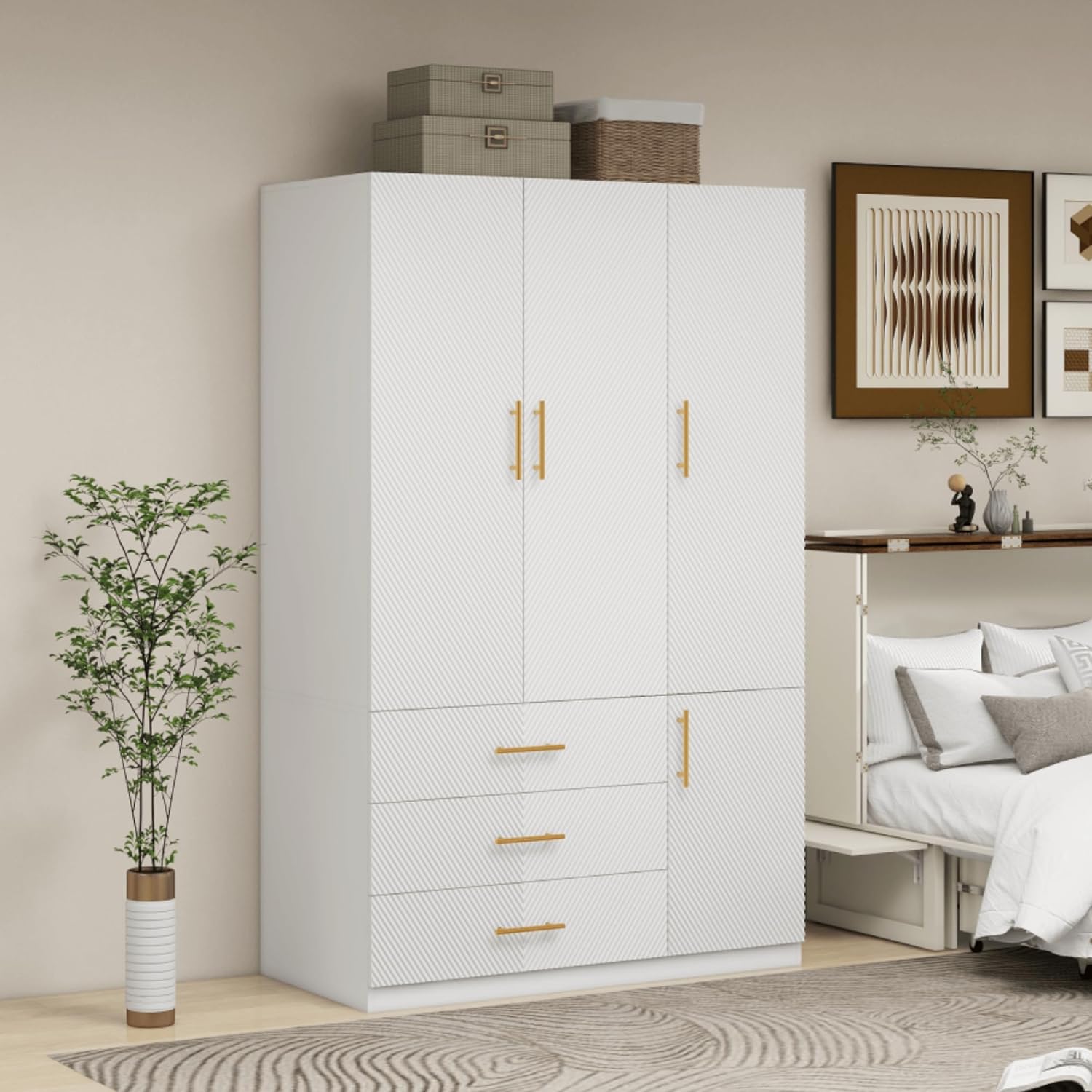 74" H 4 Doors 2Drawers White Bedroom Wardrobe Armoire Closet, Freestanding Bathroom Armoire Cabinet with Hanging Rod Shleves, Large Wooden Bedroom Clothes Storage Organizer - Grand Goldman