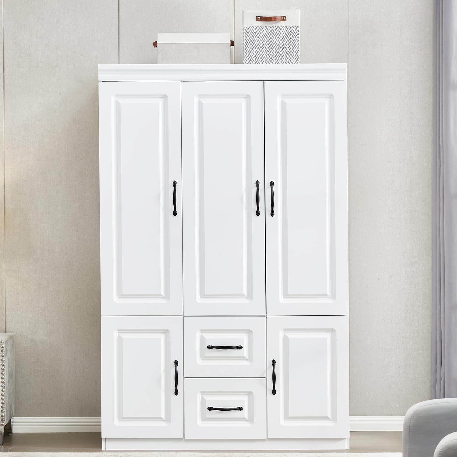 74" H 4 Doors 2Drawers White Bedroom Wardrobe Armoire Closet, Freestanding Bathroom Armoire Cabinet with Hanging Rod Shleves, Large Wooden Bedroom Clothes Storage Organizer - Grand Goldman