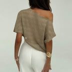 Loose T-shirt Oblique Shoulder SMS Sequined Semi-transparent Pullover Top For Women