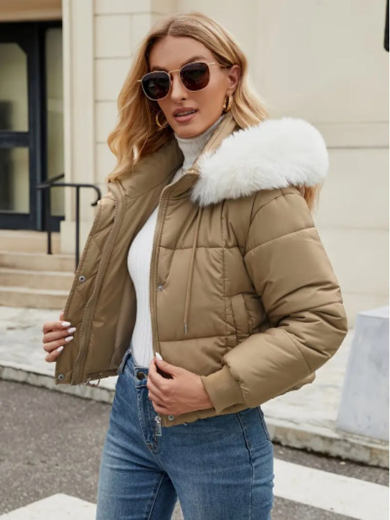 Women's Chic Mint Green Puffer Jacket With Faux Fur Trim Hood - Grand Goldman
