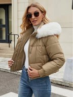 Women's Chic Mint Green Puffer Jacket With Faux Fur Trim Hood - Grand Goldman