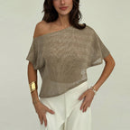 Loose T-shirt Oblique Shoulder SMS Sequined Semi-transparent Pullover Top For Women