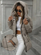 Casual Adjustable Waist Quilted Mid-Length Hooded Padded Padded Coat Clothes Winter For Women