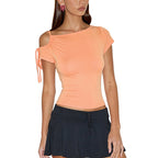 Irregular Strapless Lace-up Short Sleeve T-shirt Top