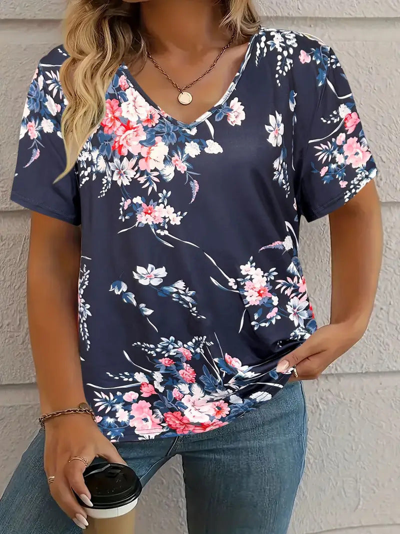 Fashion Comfortable Animal Plant Pattern Short Sleeve V-neck T-shirt
