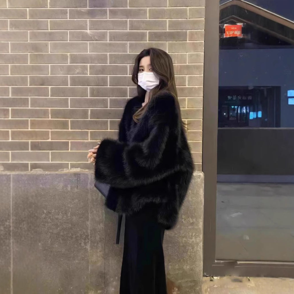 Black Faux Fox Fur Plush Green Fur Coat