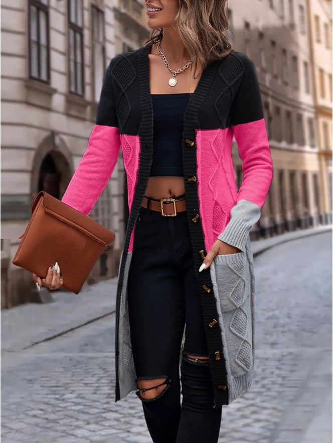 ROSE Color Block Dual Pocket Button Front Cardigan