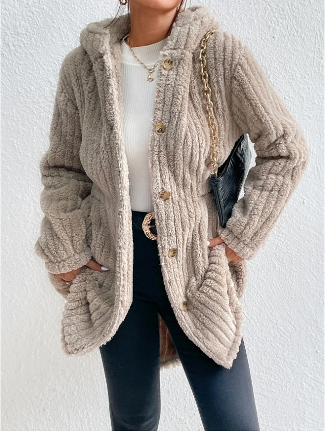 Manteau Teddy à Capuche avec Boutons sur le Devant