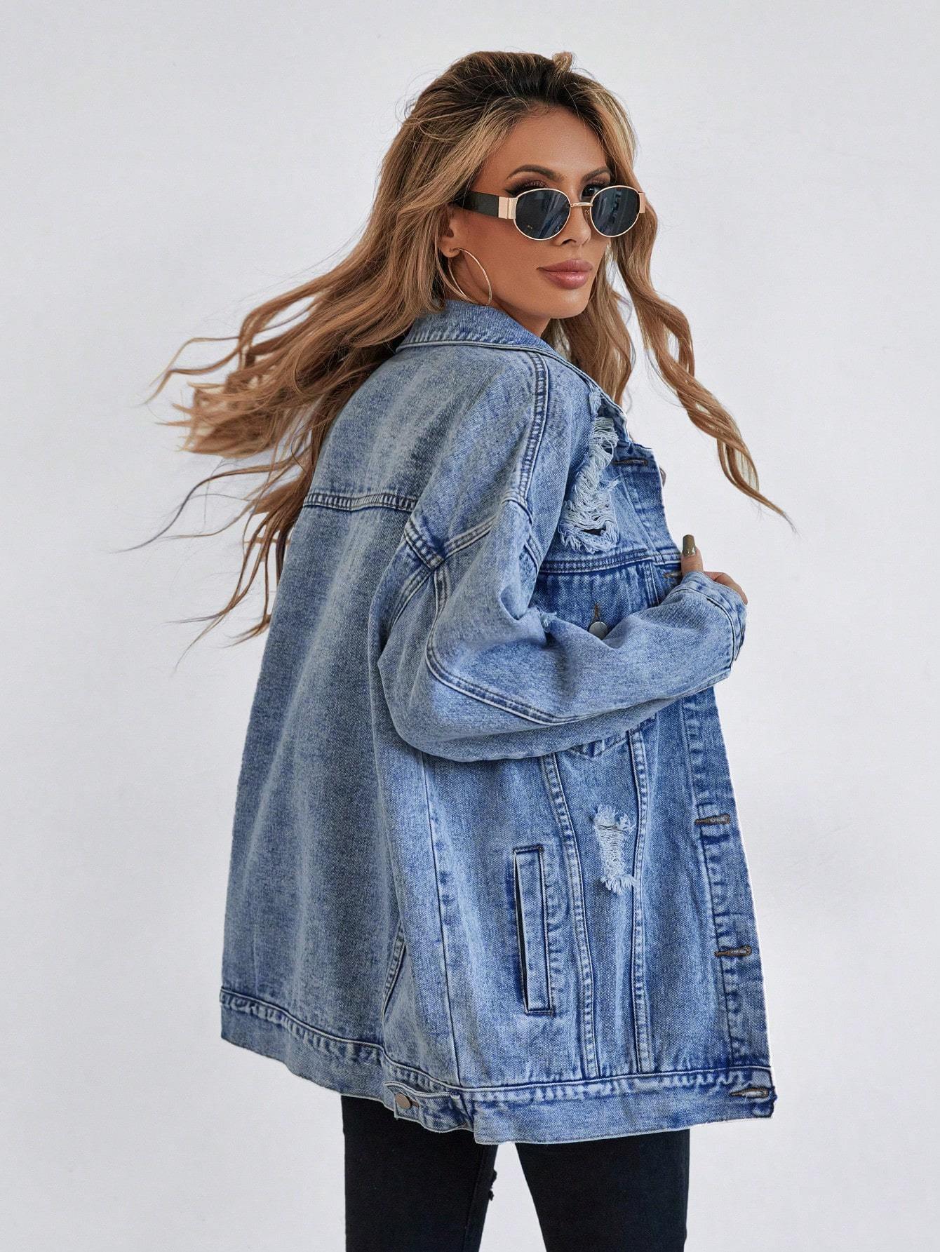 Button Blue Front Flap Pocket Drop Shoulder Denim Jacket - Grand Goldman