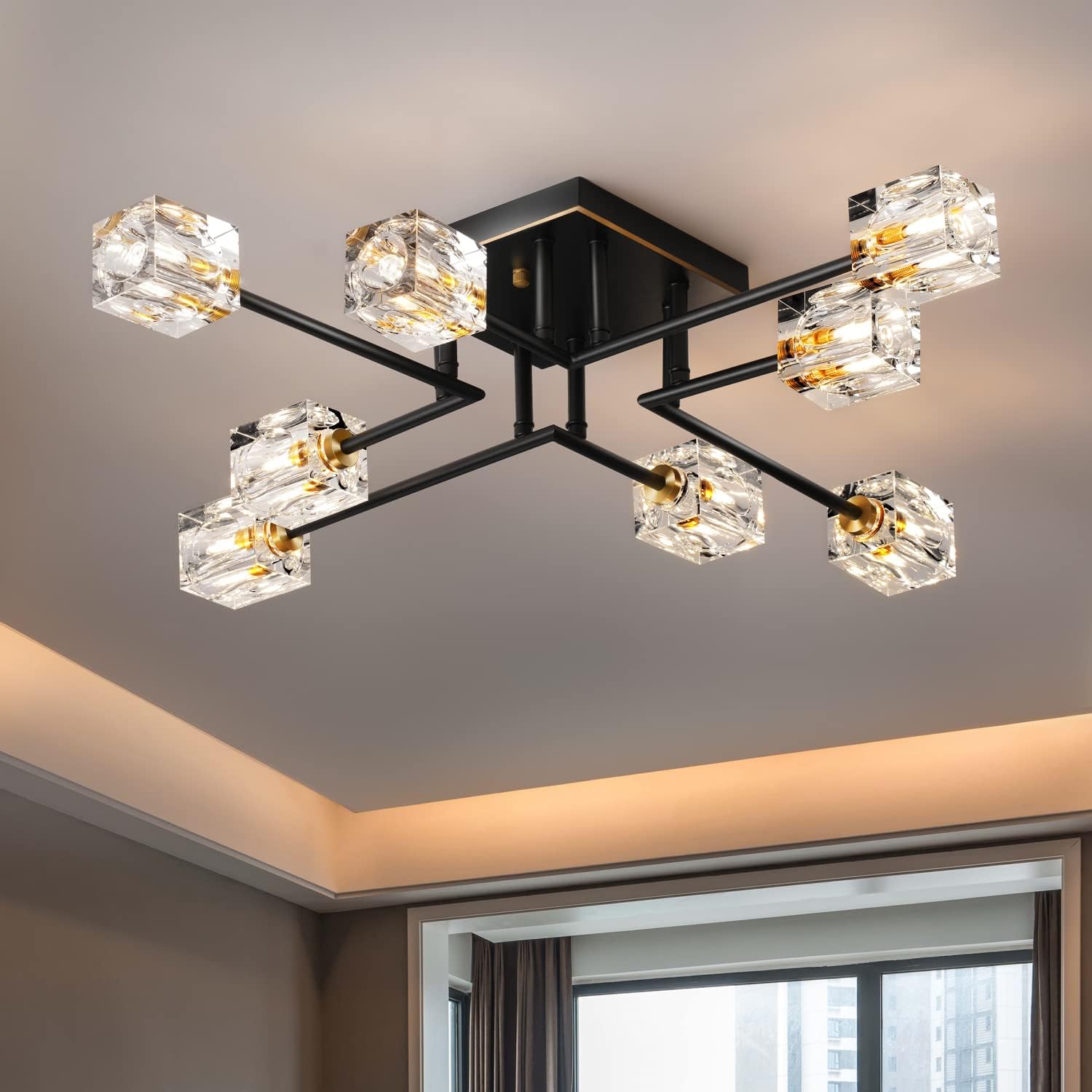 8-Lights Semi Flush Mount Ceiling Light Fixture,Black and Gold Modern Crystal Chandeliers,Farmhouse Lighting Fixtures for Dining Room Living Room Kitchen Bedroom Entryway - Grand Goldman