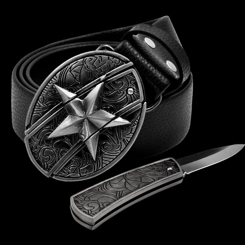 RANGER'S Multifunctional Cowboy & Cowgirl Country Leather Belt with Hidden Knife - Men & Women Smooth Buckle