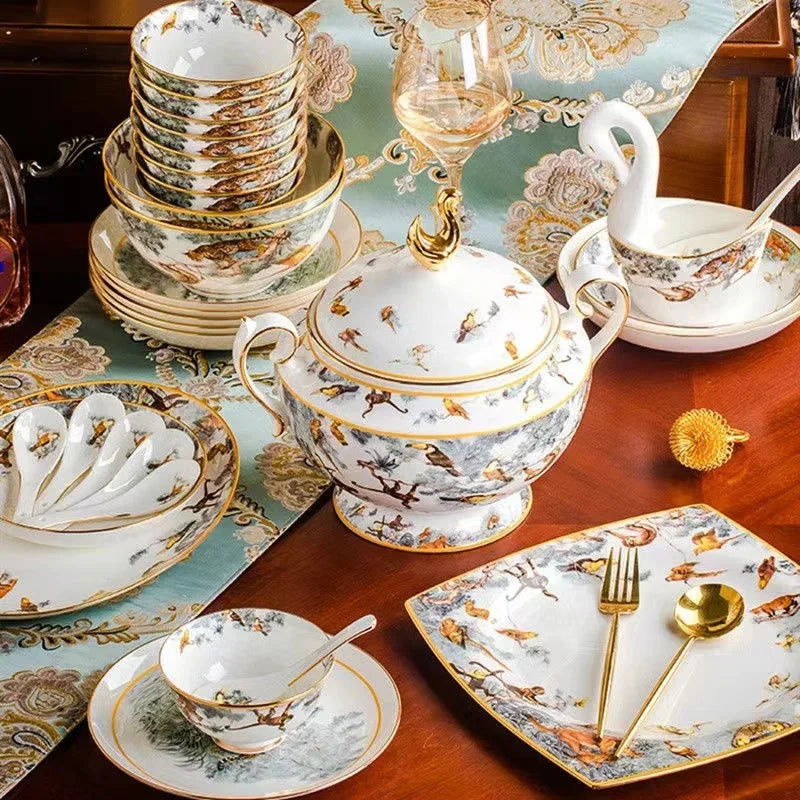 80 Piece Set King Of The Forest Bowls And Dishes Set Jingdezhen Ceramic Bowls, Plates And Chopsticks Household Bone China Tableware - Grand Goldman