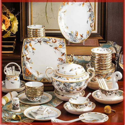 80 Piece Set King Of The Forest Bowls And Dishes Set Jingdezhen Ceramic Bowls, Plates And Chopsticks Household Bone China Tableware - Grand Goldman