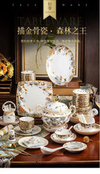 80 Piece Set King Of The Forest Bowls And Dishes Set Jingdezhen Ceramic Bowls, Plates And Chopsticks Household Bone China Tableware - Grand Goldman