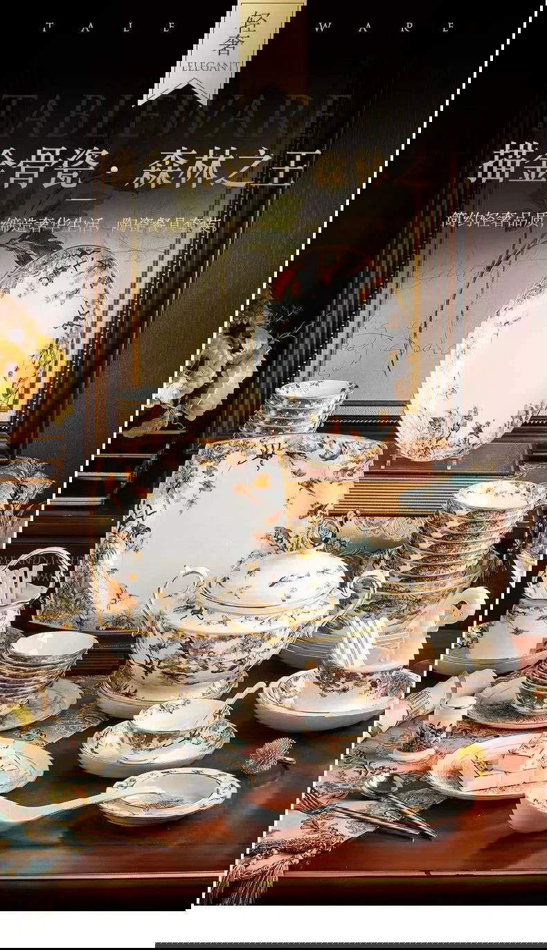 80 Piece Set King Of The Forest Bowls And Dishes Set Jingdezhen Ceramic Bowls, Plates And Chopsticks Household Bone China Tableware - Grand Goldman