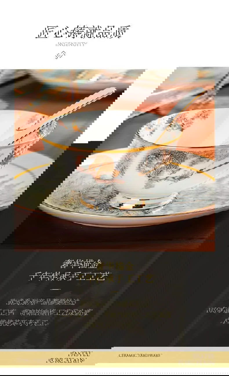 80 Piece Set King Of The Forest Bowls And Dishes Set Jingdezhen Ceramic Bowls, Plates And Chopsticks Household Bone China Tableware - Grand Goldman