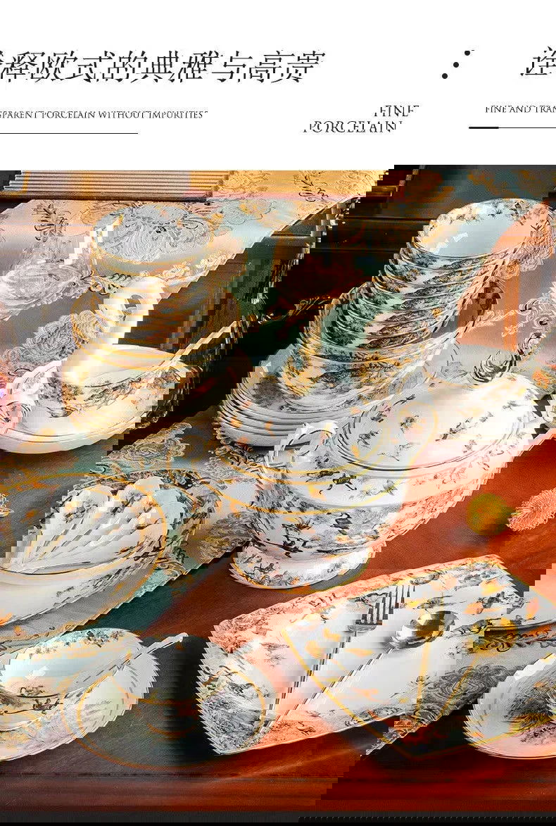 80 Piece Set King Of The Forest Bowls And Dishes Set Jingdezhen Ceramic Bowls, Plates And Chopsticks Household Bone China Tableware - Grand Goldman