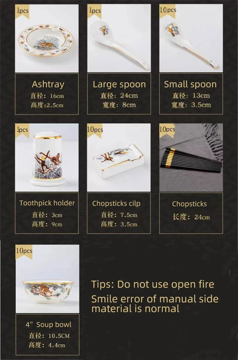 80 Piece Set King Of The Forest Bowls And Dishes Set Jingdezhen Ceramic Bowls, Plates And Chopsticks Household Bone China Tableware - Grand Goldman