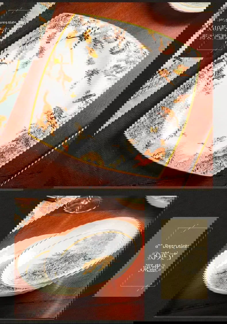 80 Piece Set King Of The Forest Bowls And Dishes Set Jingdezhen Ceramic Bowls, Plates And Chopsticks Household Bone China Tableware - Grand Goldman