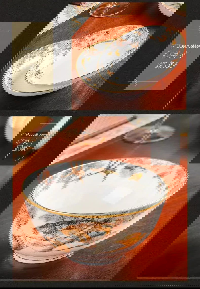 80 Piece Set King Of The Forest Bowls And Dishes Set Jingdezhen Ceramic Bowls, Plates And Chopsticks Household Bone China Tableware - Grand Goldman