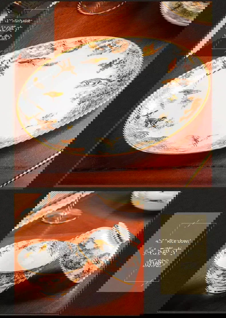 80 Piece Set King Of The Forest Bowls And Dishes Set Jingdezhen Ceramic Bowls, Plates And Chopsticks Household Bone China Tableware - Grand Goldman