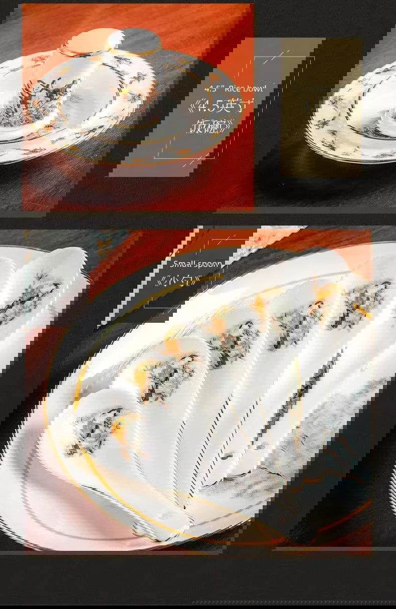 80 Piece Set King Of The Forest Bowls And Dishes Set Jingdezhen Ceramic Bowls, Plates And Chopsticks Household Bone China Tableware - Grand Goldman