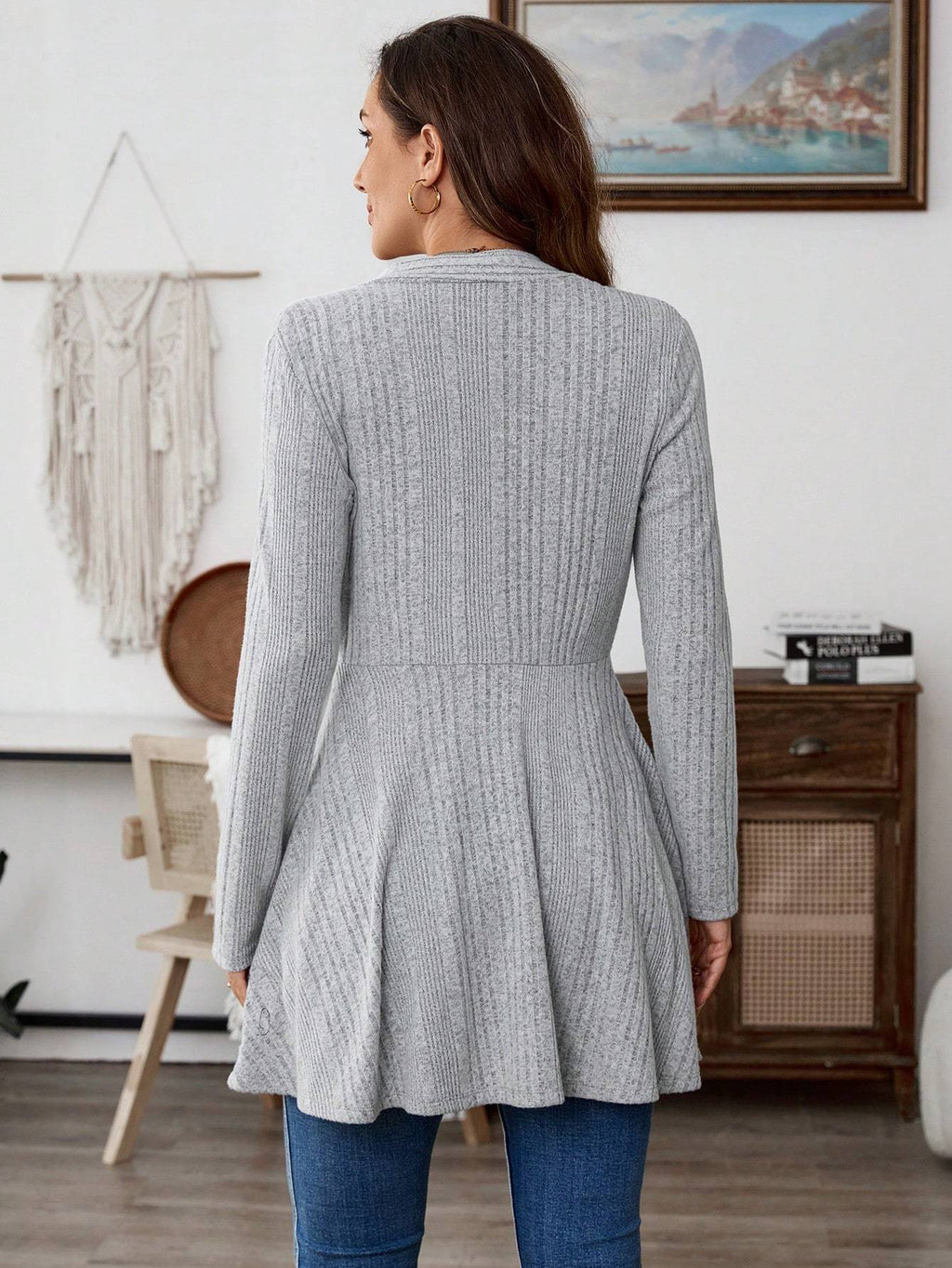 Women's Casual Solid Color Ribbed Knit Jacket