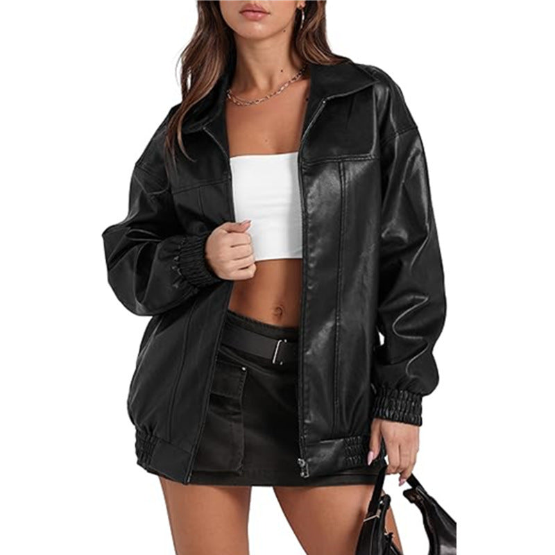 Long Sleeve Lapel Zipper Side Pocket Casual Trench Coat Women