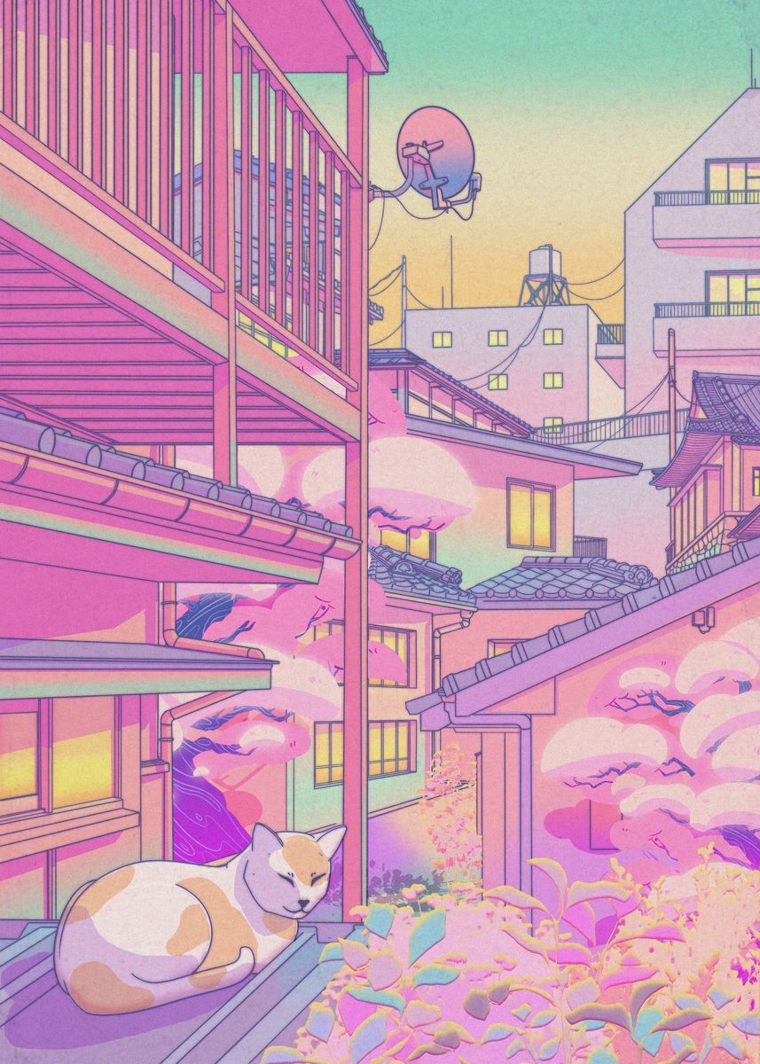 80s Vaporwave Style Poster City Night Street Cat - Grand Goldman