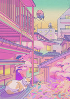 80s Vaporwave Style Poster City Night Street Cat - Grand Goldman