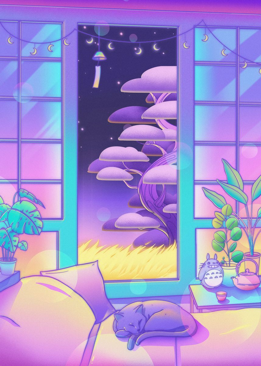 80s Vaporwave Style Poster City Night Street Cat - Grand Goldman