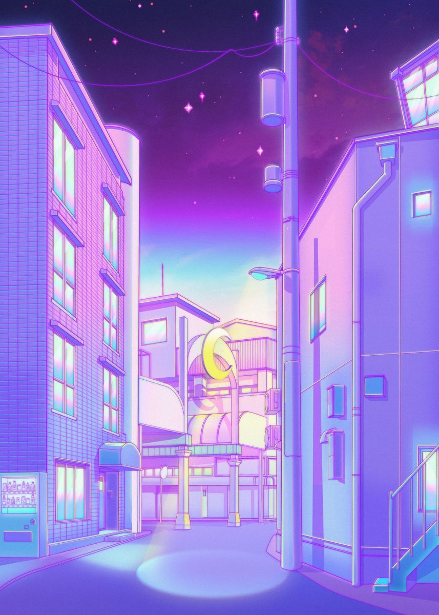 80s Vaporwave Style Poster City Night Street Cat - Grand Goldman