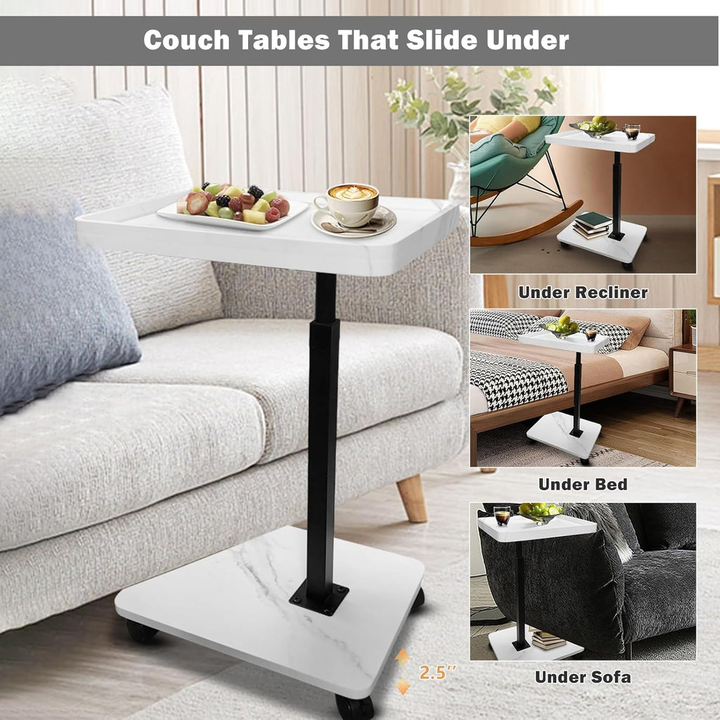 TV Tray Table,360° Swivel Height Adjustable TV Tray for Drink&Snack,Couch Tables That Slide Under,C Shaped End Table with Wheels,Small C Shaped Side Table Living Room&Bedroom-Square White