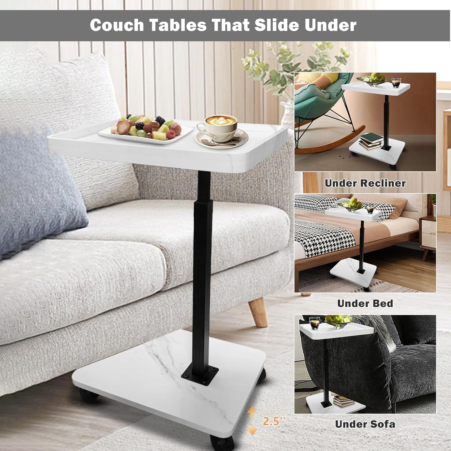 TV Tray Table,360° Swivel Height Adjustable TV Tray for Drink&Snack,Couch Tables That Slide Under,C Shaped End Table with Wheels,Small C Shaped Side Table Living Room&Bedroom-Square White